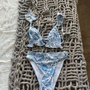 Toluca Blue and White Floral Ruffle Bikini